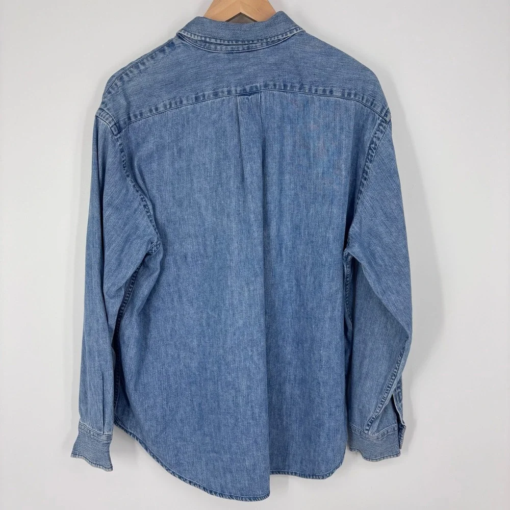 VTG 90s Lauren Ralph Lauren Crest Logo Denim Button Down Shirt Women L Blue FLAW